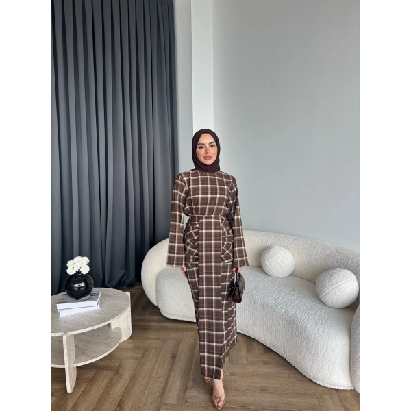 Qu - Carmen Kareli Etekli Takım - Koyu Kahve