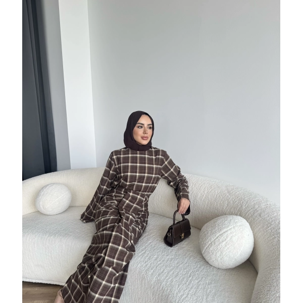 Qu - Carmen Kareli Etekli Takım - Koyu Kahve