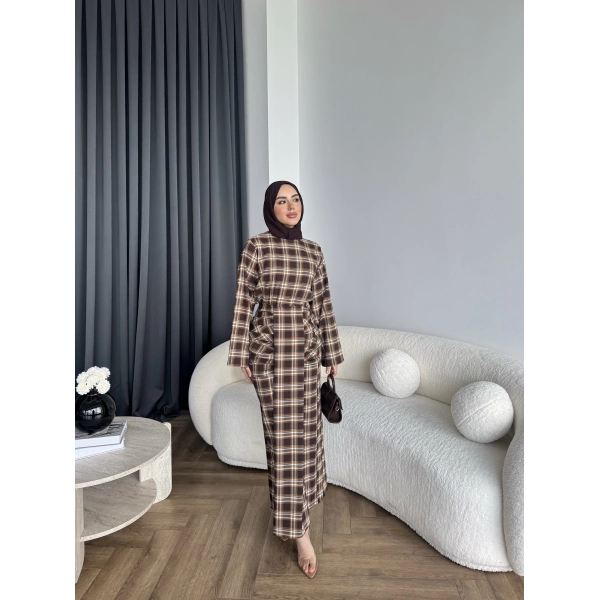 Qu - Carmen Kareli Etekli Takım - Açık Kahve