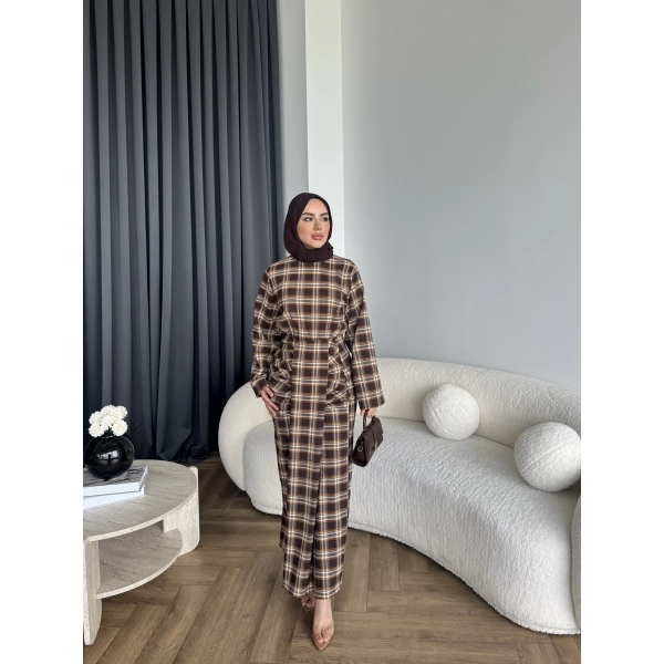 Qu - Carmen Kareli Etekli Takım - Açık Kahve