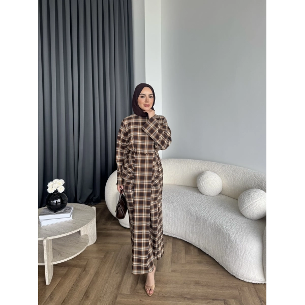 Qu - Carmen Kareli Etekli Takım - Açık Kahve