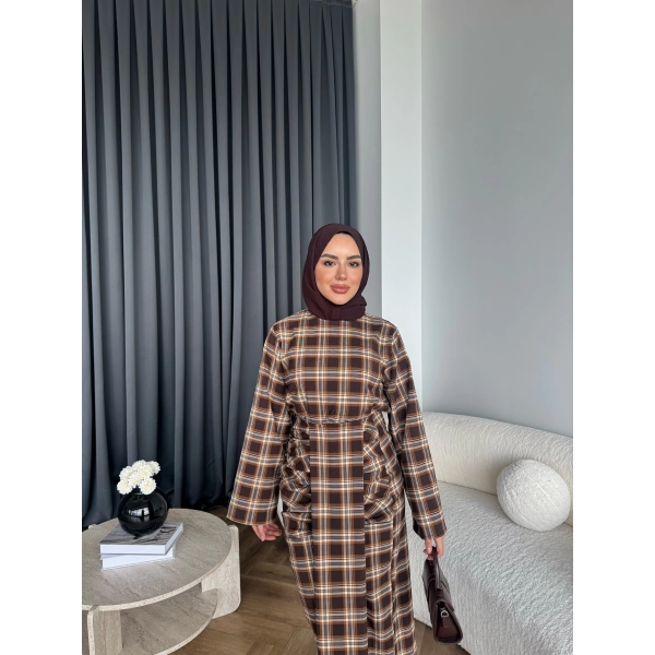 Qu - Carmen Kareli Etekli Takım - Açık Kahve