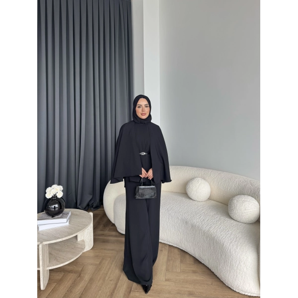 Qu - Polama Pelerinli Takım - Siyah