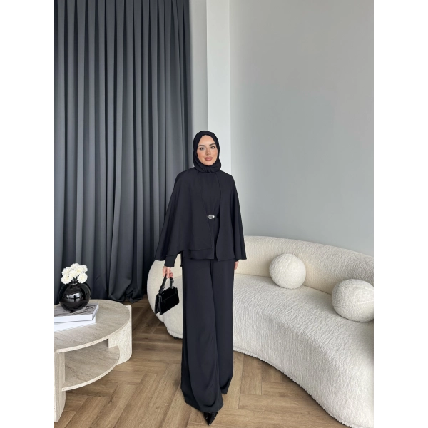 Qu - Polama Pelerinli Takım - Siyah