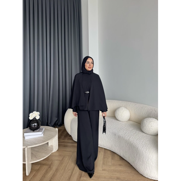 Qu - Polama Pelerinli Takım - Siyah