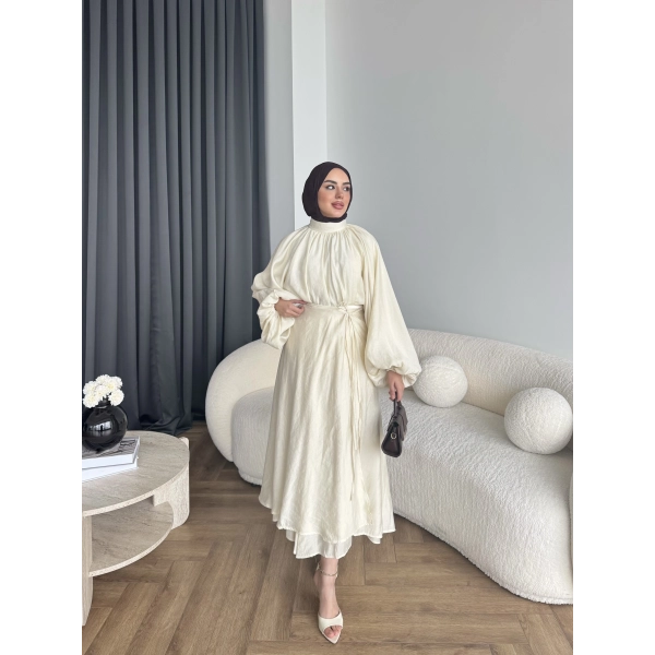 Qu - Balon Kol Etekli Takım - Krem