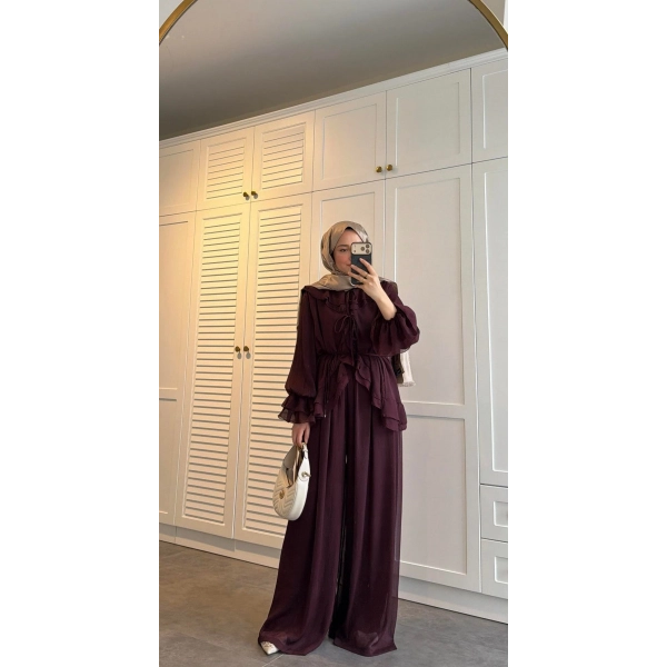 Ah - Elanar Fırfır Detaylı Pantolonlu Takım - Bordo - ÖN SİPARİŞ