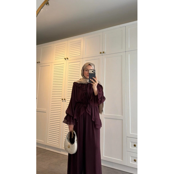 Ah - Elanar Fırfır Detaylı Pantolonlu Takım - Bordo - ÖN SİPARİŞ