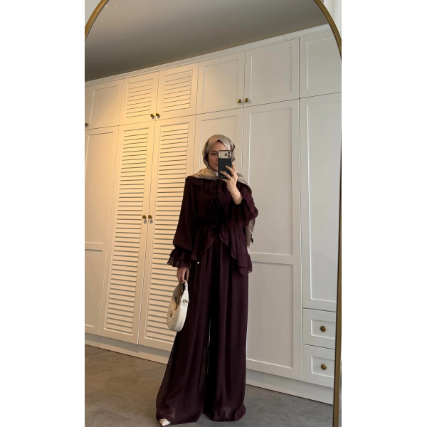 Ah - Elanar Fırfır Detaylı Pantolonlu Takım - Bordo - ÖN SİPARİŞ