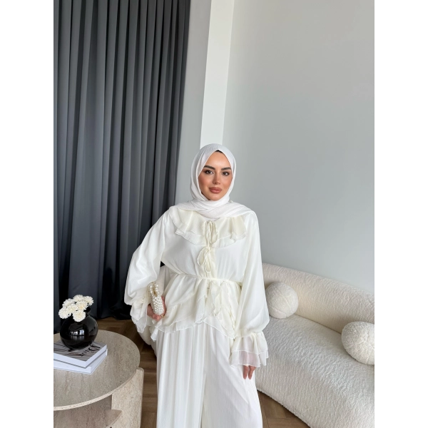 Ah - Elanar Fırfır Detaylı Pantolonlu Takım - Ekru - ÖN SİPARİŞ