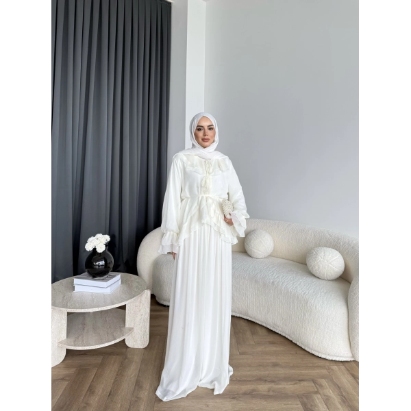 Ah - Elanar Fırfır Detaylı Pantolonlu Takım - Ekru - ÖN SİPARİŞ