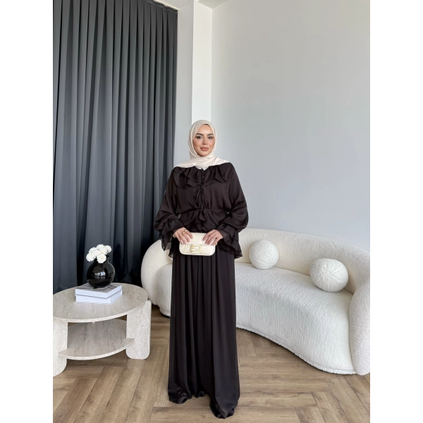 Ah - Elanar Fırfır Detaylı Pantolonlu Takım - Kahve - ÖN SİPARİŞ