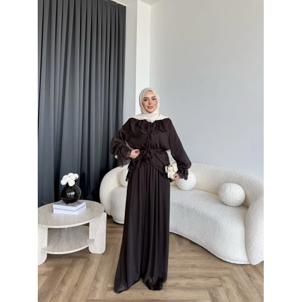 Ah - Elanar Fırfır Detaylı Pantolonlu Takım - Kahve - ÖN SİPARİŞ