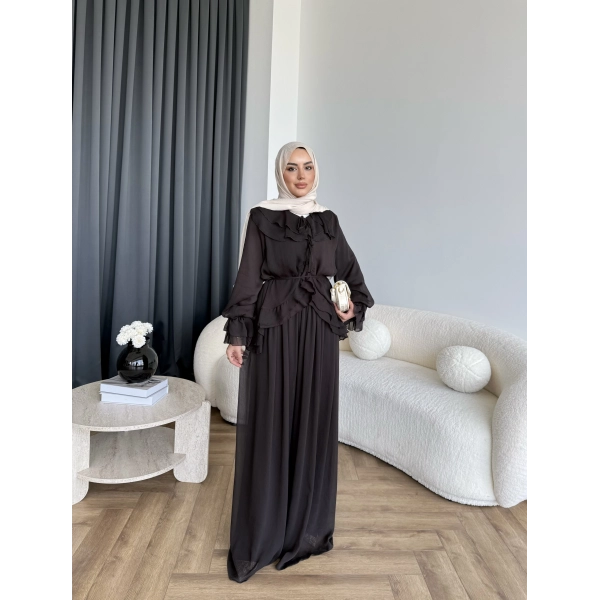 Ah - Elanar Fırfır Detaylı Pantolonlu Takım - Kahve - ÖN SİPARİŞ