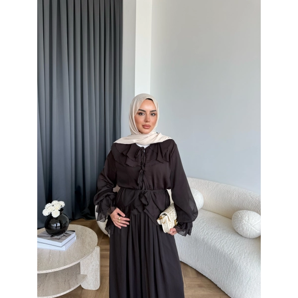 Ah - Elanar Fırfır Detaylı Pantolonlu Takım - Kahve - ÖN SİPARİŞ