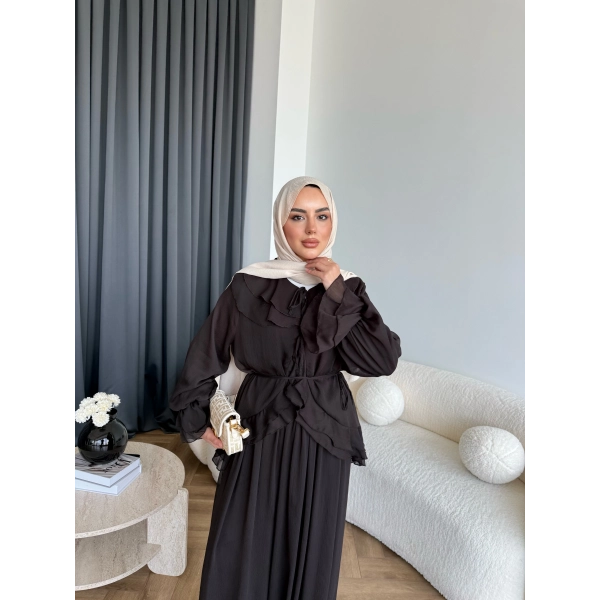 Ah - Elanar Fırfır Detaylı Pantolonlu Takım - Kahve - ÖN SİPARİŞ