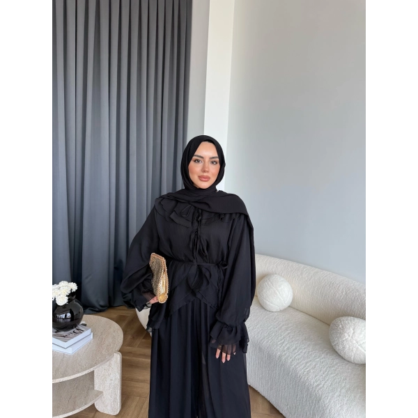 Ah - Elanar Fırfır Detaylı Pantolonlu Takım - Siyah - ÖN SİPARİŞ