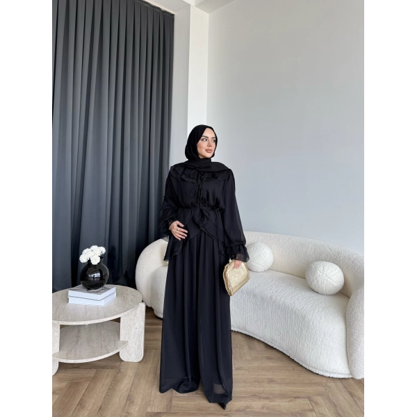 Ah - Elanar Fırfır Detaylı Pantolonlu Takım - Siyah - ÖN SİPARİŞ