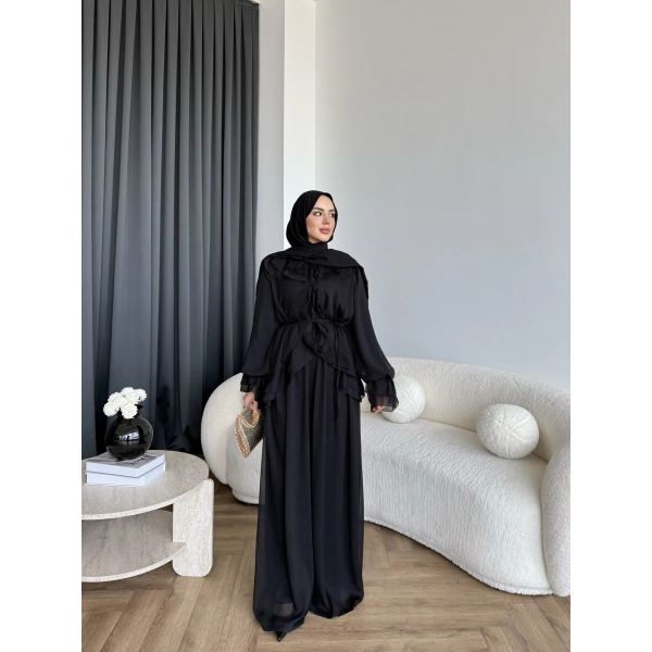 Ah - Elanar Fırfır Detaylı Pantolonlu Takım - Siyah - ÖN SİPARİŞ