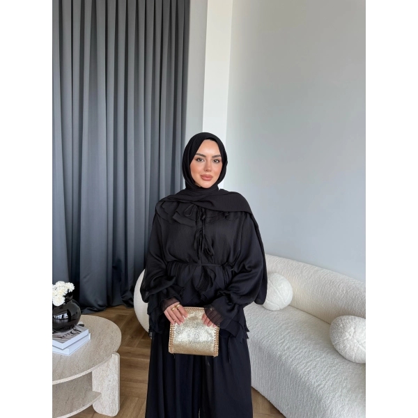 Ah - Elanar Fırfır Detaylı Pantolonlu Takım - Siyah - ÖN SİPARİŞ