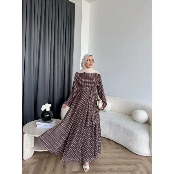 Hev - Erlin Bağlamalı Kareli Elbise - Kahve