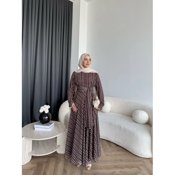 Hev - Erlin Bağlamalı Kareli Elbise - Kahve