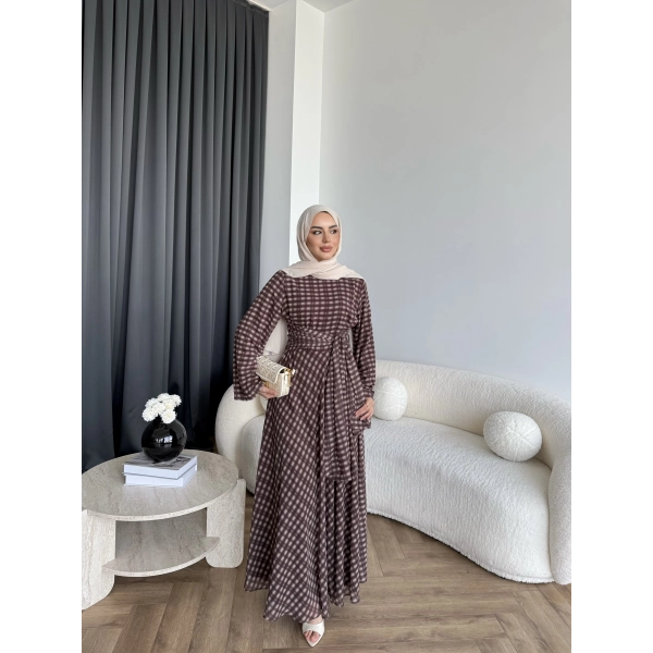 Hev - Erlin Bağlamalı Kareli Elbise - Kahve