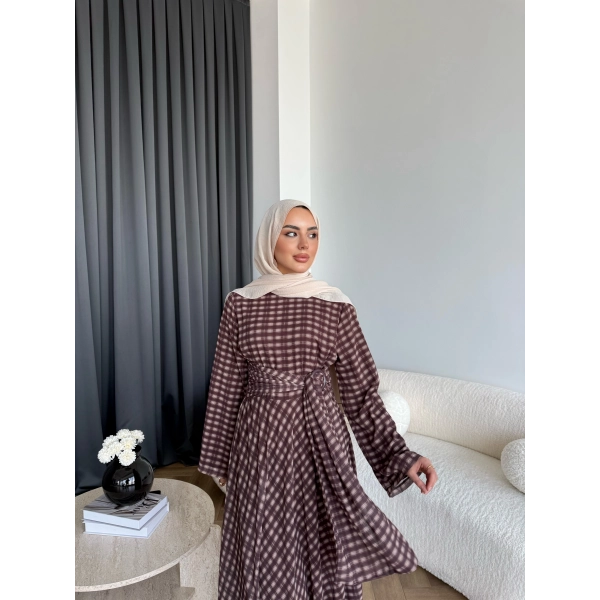 Hev - Erlin Bağlamalı Kareli Elbise - Kahve