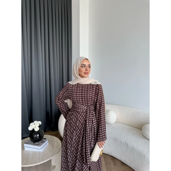 Hev - Erlin Bağlamalı Kareli Elbise - Kahve