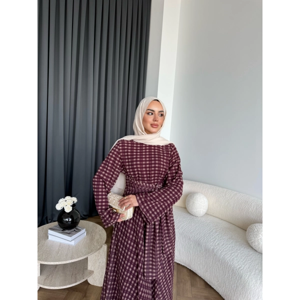 Hev - Erlin Bağlamalı Kareli Elbise - Bordo