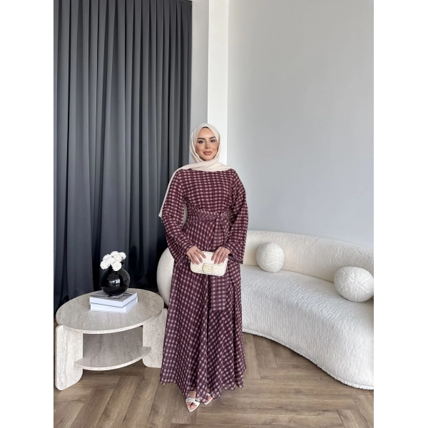 Hev - Erlin Bağlamalı Kareli Elbise - Bordo