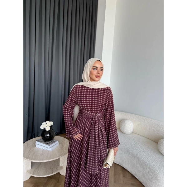 Hev - Erlin Bağlamalı Kareli Elbise - Bordo