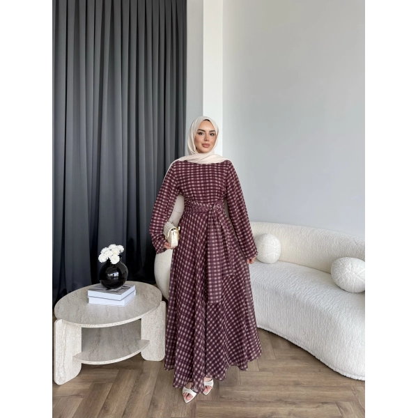 Hev - Erlin Bağlamalı Kareli Elbise - Bordo