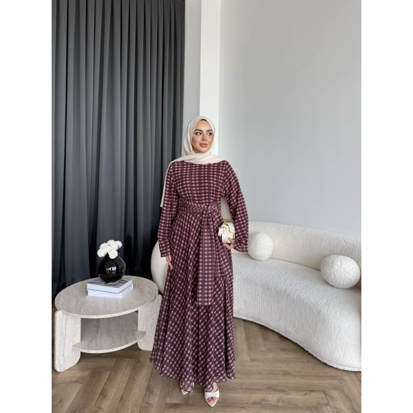 Hev - Erlin Bağlamalı Kareli Elbise - Bordo