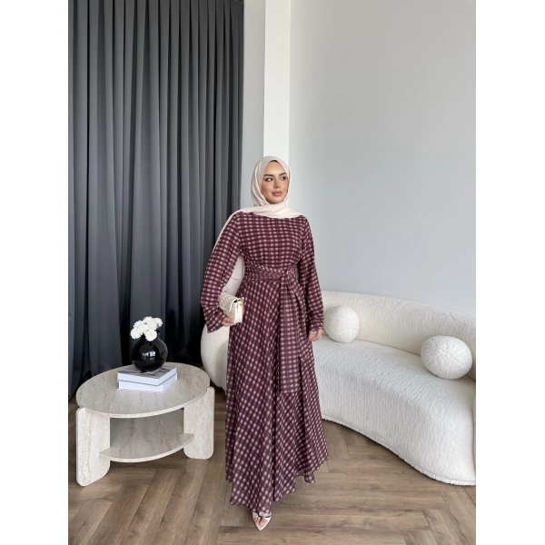 Hev - Erlin Bağlamalı Kareli Elbise - Bordo