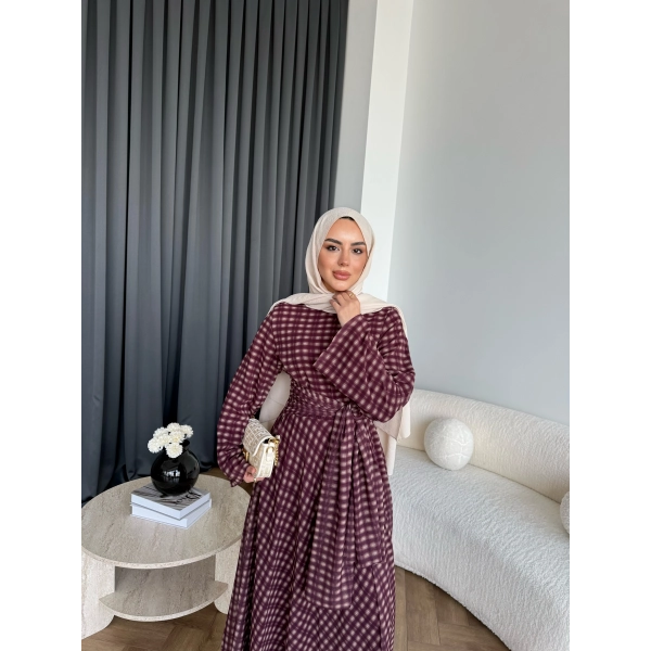 Hev - Erlin Bağlamalı Kareli Elbise - Bordo