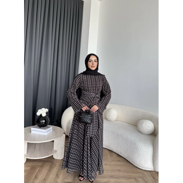 Hev - Erlin Bağlamalı Kareli Elbise - Siyah