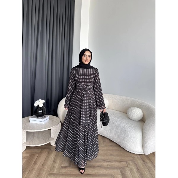 Hev - Erlin Bağlamalı Kareli Elbise - Siyah