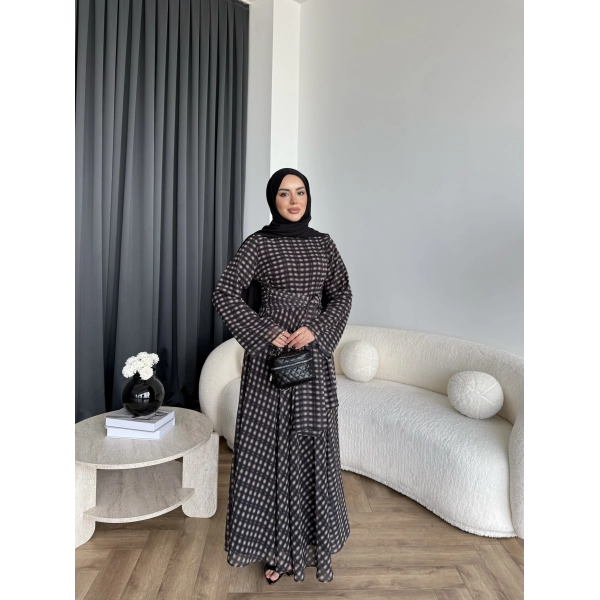 Hev - Erlin Bağlamalı Kareli Elbise - Siyah