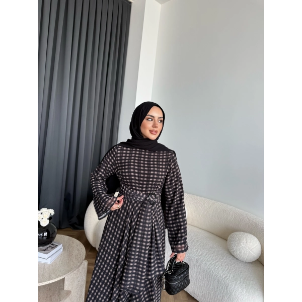 Hev - Erlin Bağlamalı Kareli Elbise - Siyah