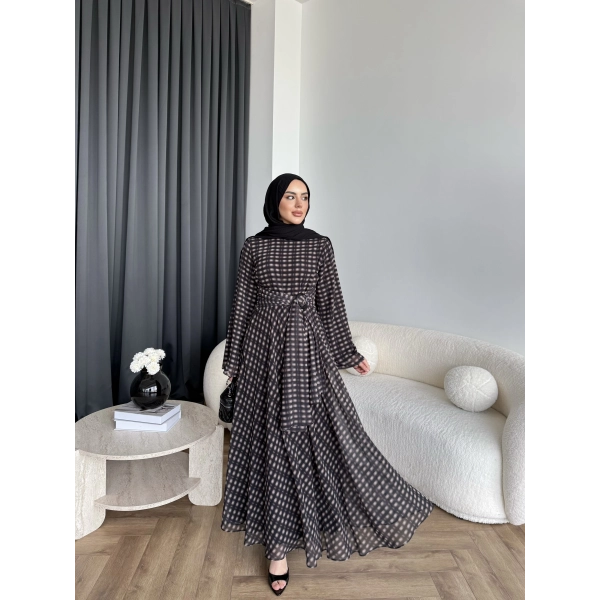 Hev - Erlin Bağlamalı Kareli Elbise - Siyah