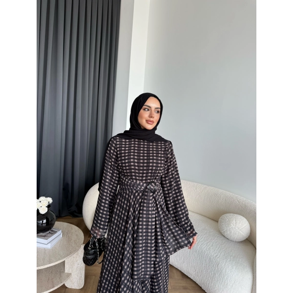 Hev - Erlin Bağlamalı Kareli Elbise - Siyah