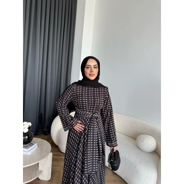 Hev - Erlin Bağlamalı Kareli Elbise - Siyah