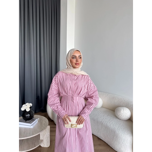 Tb - Heidi Çizgili Gömlek Elbise - Pembe
