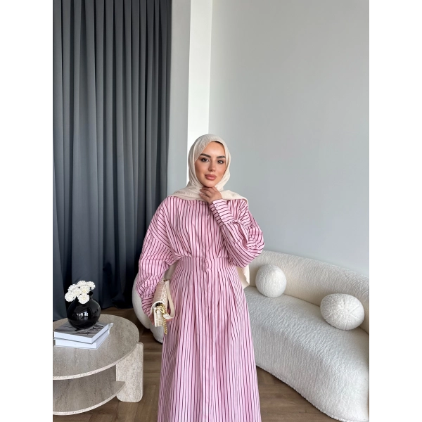 Tb - Heidi Çizgili Gömlek Elbise - Pembe