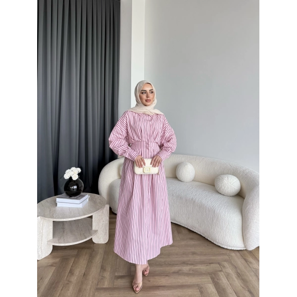 Tb - Heidi Çizgili Gömlek Elbise - Pembe