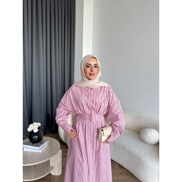 Tb - Heidi Çizgili Gömlek Elbise - Pembe