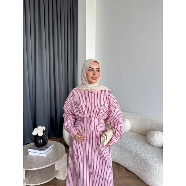 Tb - Heidi Çizgili Gömlek Elbise - Pembe