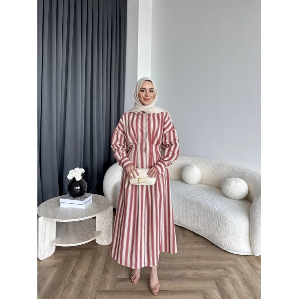 Tb - Heidi Çizgili Gömlek Elbise - Turuncu ÖN SİPARİŞ