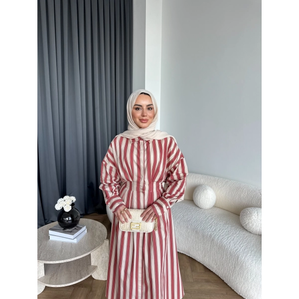 Tb - Heidi Çizgili Gömlek Elbise - Turuncu ÖN SİPARİŞ